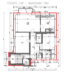 Půdorys druhého nadzemního podlaží s vyznačenými změnami (zateplením a výměnou oken)